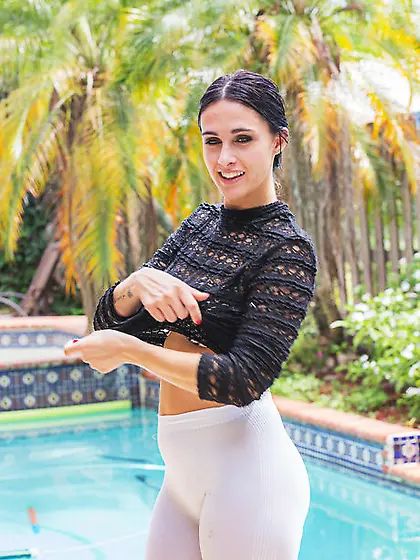 Gorgeous doll in white yoga pants shows her perfect naked body b