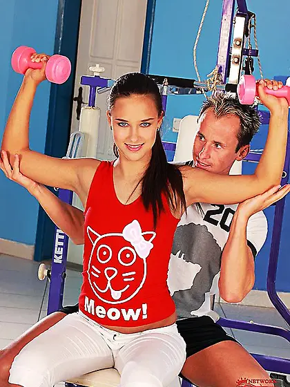 Tall sporty brunette Viktoria Sweet gets naked and takes sturdy