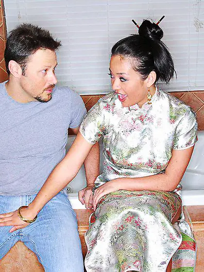 Asian girl Mia Lelani is sitting on man in the reverse pose enjo